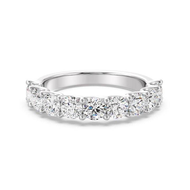 9-Stone Elegant Round-Cut Lab-Grown Diamond Scallop Half-Eternity Wedding Ring in 18K White Gold, highlighting brilliant EF color VS clarity diamonds in a modern and sophisticated shared prong scalloped band