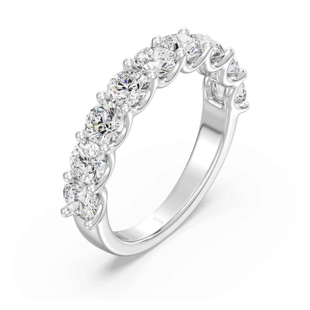 9-Stone Elegant Round-Cut Lab-Grown Diamond Scallop Half-Eternity Wedding Ring in 18K White Gold, highlighting brilliant EF color VS clarity diamonds in a modern and sophisticated shared prong scalloped band