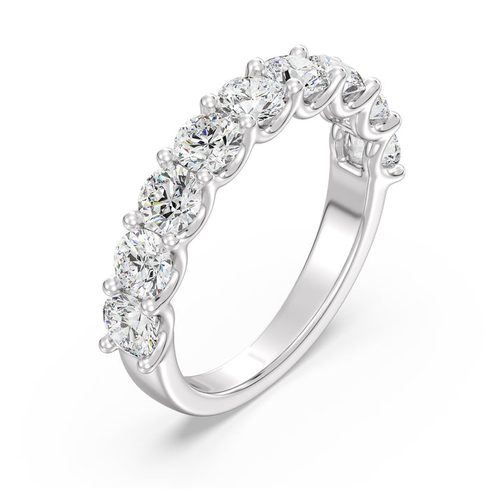 9-Stone Elegant Round-Cut Lab-Grown Diamond Scallop Half-Eternity Wedding Ring in 18K White Gold, highlighting brilliant EF color VS clarity diamonds in a modern and sophisticated shared prong scalloped band