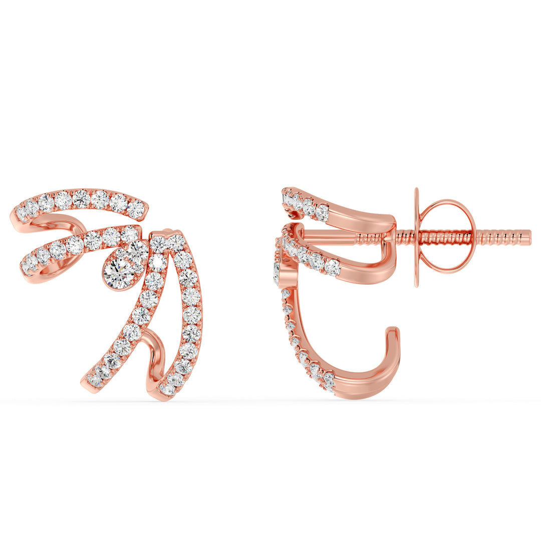 A pair of 18K Rose Gold Lab-Grown Diamond Hoop Earrings adorned with 80 round-cut diamonds with EF color and VS clarity, set in a warm rose gold hoop design with a secure clasp closure