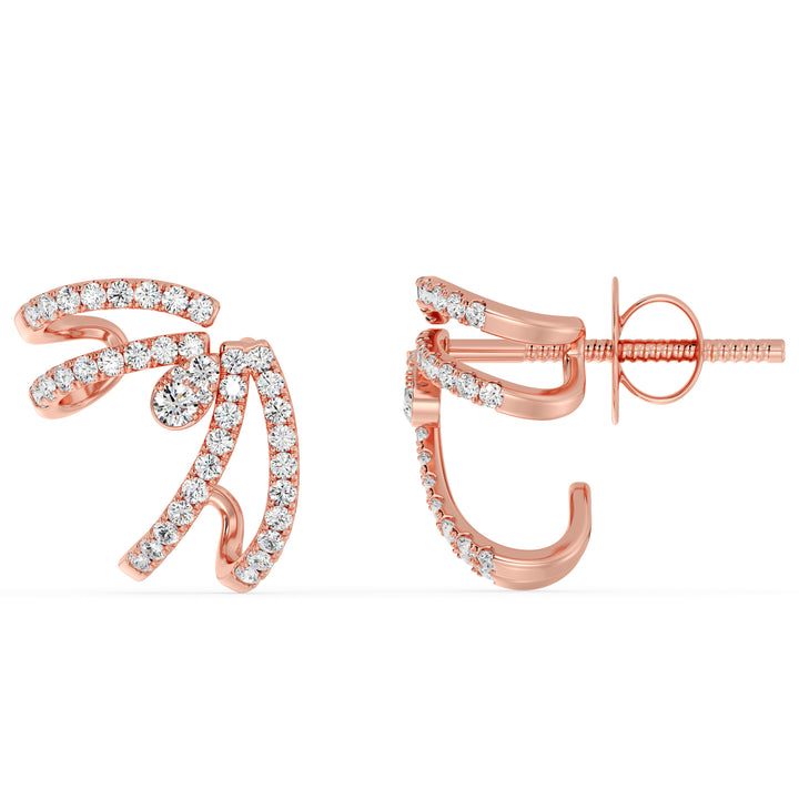 A pair of 18K Rose Gold Lab-Grown Diamond Hoop Earrings adorned with 80 round-cut diamonds with EF color and VS clarity, set in a warm rose gold hoop design with a secure clasp closure