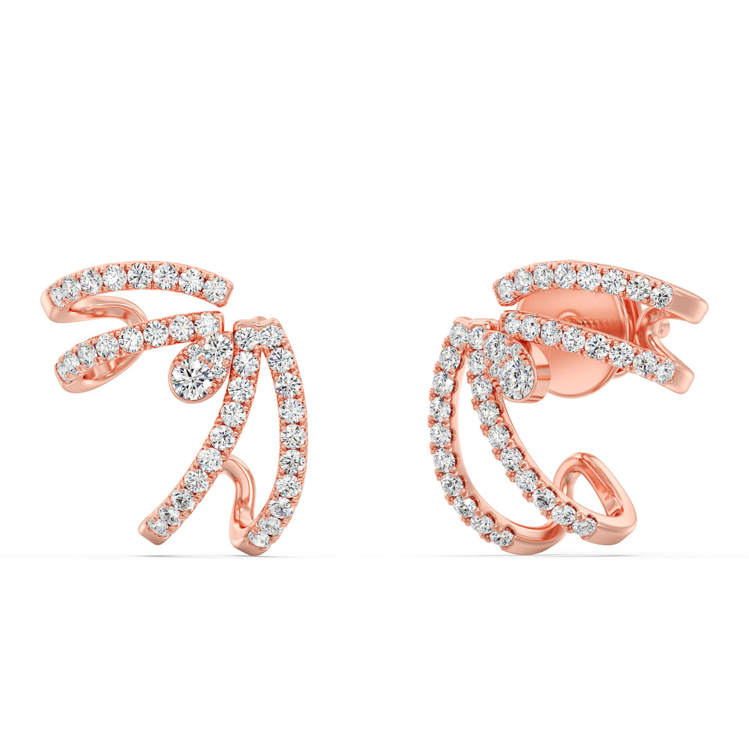 A pair of 18K Rose Gold Lab-Grown Diamond Hoop Earrings adorned with 80 round-cut diamonds with EF color and VS clarity, set in a warm rose gold hoop design with a secure clasp closure