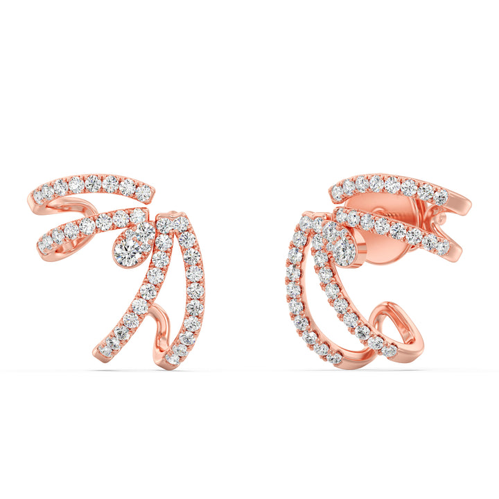 A pair of 18K Rose Gold Lab-Grown Diamond Hoop Earrings adorned with 80 round-cut diamonds with EF color and VS clarity, set in a warm rose gold hoop design with a secure clasp closure