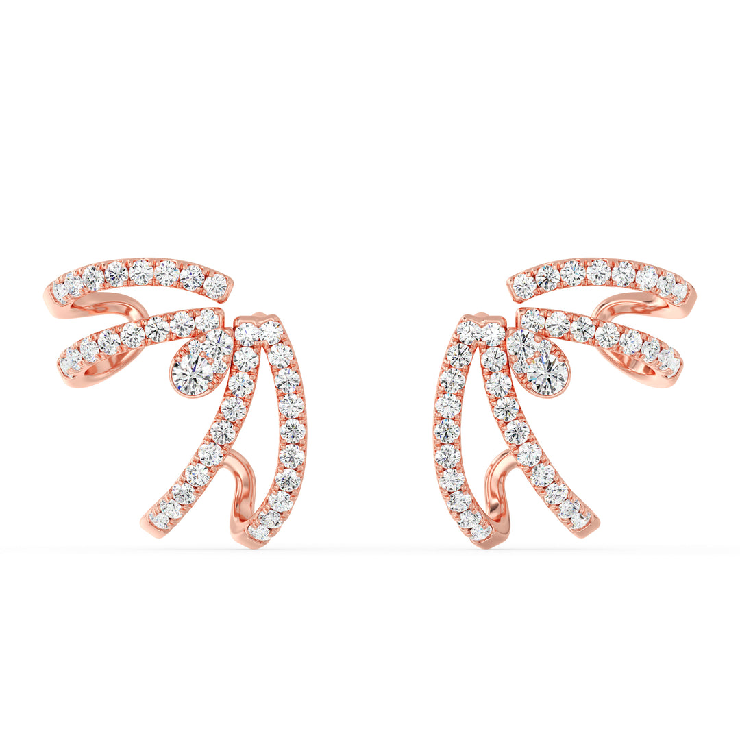 A pair of 18K Rose Gold Lab-Grown Diamond Hoop Earrings adorned with 80 round-cut diamonds with EF color and VS clarity, set in a warm rose gold hoop design with a secure clasp closure