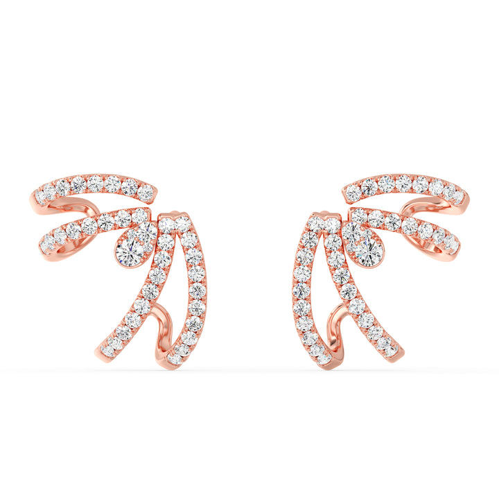 A pair of 18K Rose Gold Lab-Grown Diamond Hoop Earrings adorned with 80 round-cut diamonds with EF color and VS clarity, set in a warm rose gold hoop design with a secure clasp closure