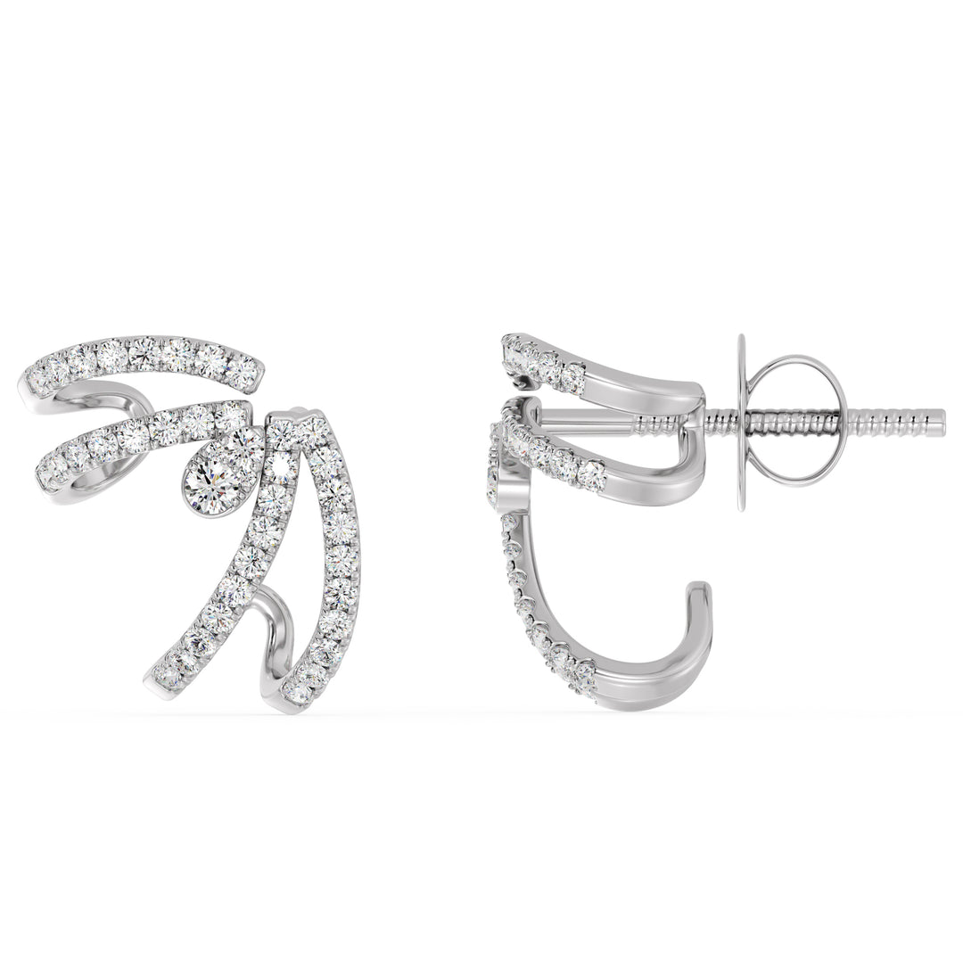 A pair of 18K White Gold Lab-Grown Diamond Hoop Earrings showcasing 80 round-cut diamonds with EF color and VS clarity, set in a sleek white gold hoop design with a secure clasp closure