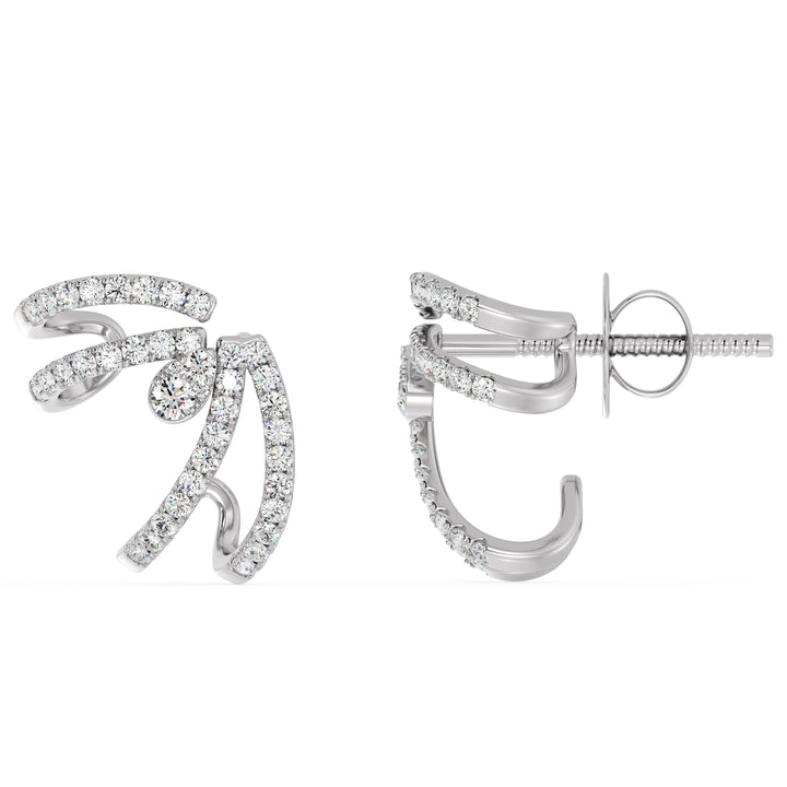 A pair of 18K White Gold Lab-Grown Diamond Hoop Earrings showcasing 80 round-cut diamonds with EF color and VS clarity, set in a sleek white gold hoop design with a secure clasp closure