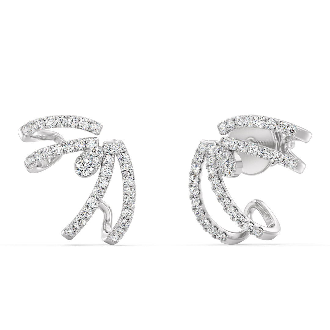 A pair of 18K White Gold Lab-Grown Diamond Hoop Earrings showcasing 80 round-cut diamonds with EF color and VS clarity, set in a sleek white gold hoop design with a secure clasp closure