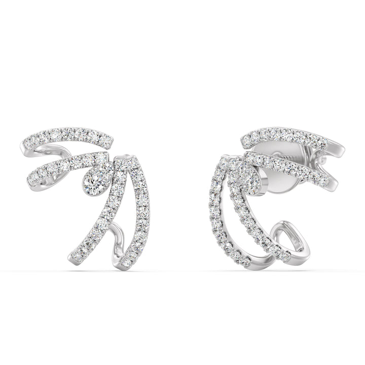 A pair of 18K White Gold Lab-Grown Diamond Hoop Earrings showcasing 80 round-cut diamonds with EF color and VS clarity, set in a sleek white gold hoop design with a secure clasp closure