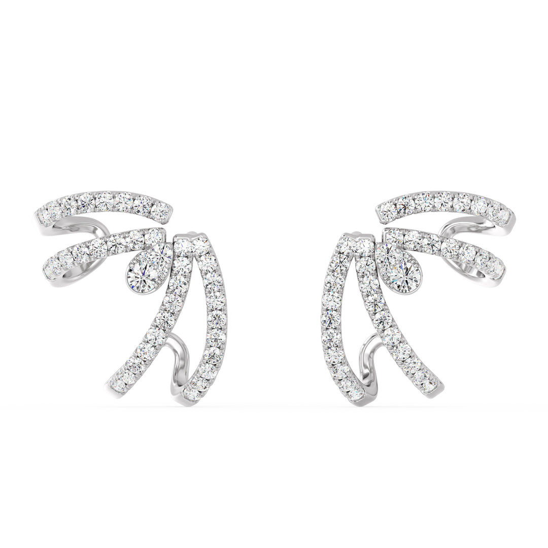 A pair of 18K White Gold Lab-Grown Diamond Hoop Earrings showcasing 80 round-cut diamonds with EF color and VS clarity, set in a sleek white gold hoop design with a secure clasp closure