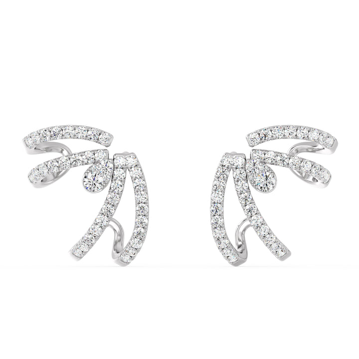A pair of 18K White Gold Lab-Grown Diamond Hoop Earrings showcasing 80 round-cut diamonds with EF color and VS clarity, set in a sleek white gold hoop design with a secure clasp closure
