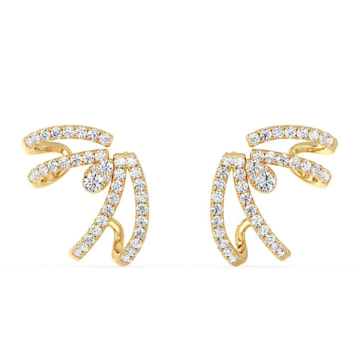 A pair of 18K Yellow Gold Lab-Grown Diamond Hoop Earrings featuring 80 round-cut diamonds with EF color and VS clarity, set in a polished yellow gold hoop design with a secure clasp closure