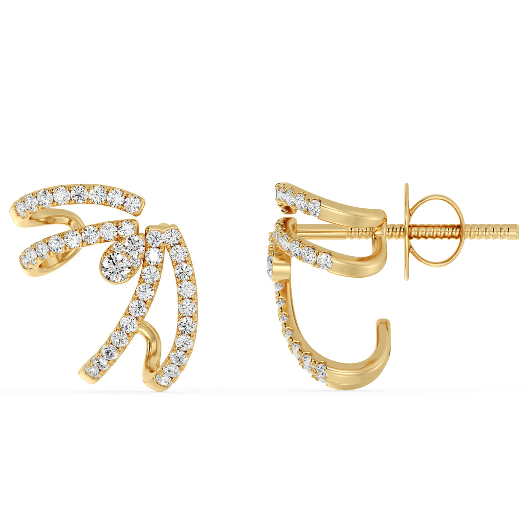 A pair of 18K Yellow Gold Lab-Grown Diamond Hoop Earrings featuring 80 round-cut diamonds with EF color and VS clarity, set in a polished yellow gold hoop design with a secure clasp closure