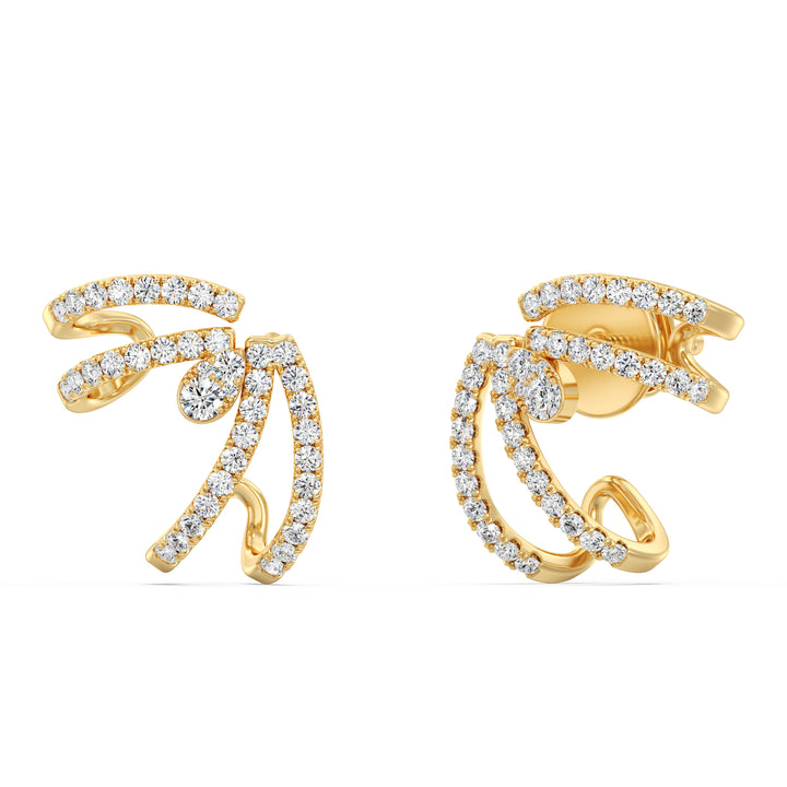 A pair of 18K Yellow Gold Lab-Grown Diamond Hoop Earrings featuring 80 round-cut diamonds with EF color and VS clarity, set in a polished yellow gold hoop design with a secure clasp closure