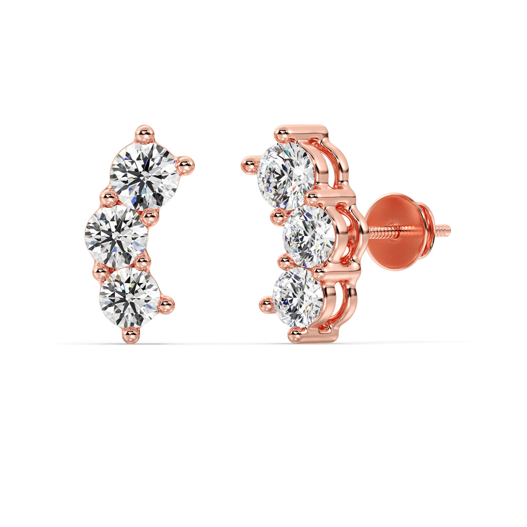 Exquisite 18K Rose Gold Curved Three-Stone Stud Earrings adorned with 0.76 Ct EF/VS round lab-grown diamonds, featuring a modern and elegant style