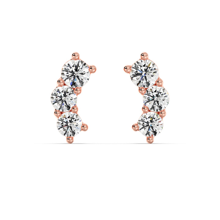 Exquisite 18K Rose Gold Curved Three-Stone Stud Earrings adorned with 0.76 Ct EF/VS round lab-grown diamonds, featuring a modern and elegant style
