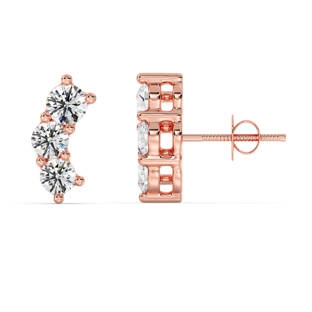 Exquisite 18K Rose Gold Curved Three-Stone Stud Earrings adorned with 0.76 Ct EF/VS round lab-grown diamonds, featuring a modern and elegant style