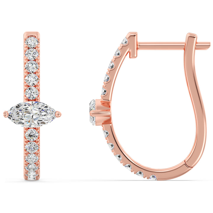 18K Rose Gold Triple Hoop Huggie Earrings embellished with shimmering lab-grown pear and round-cut diamonds, showcasing a warm and elegant design