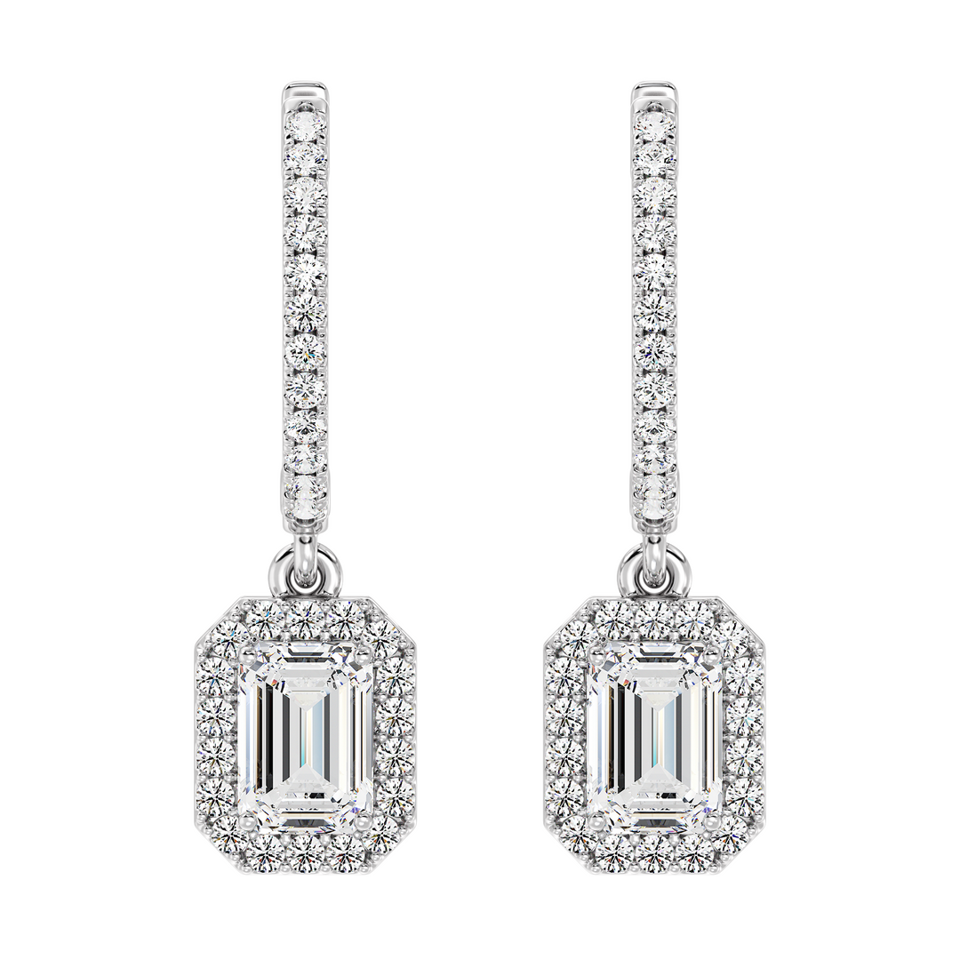 Timeless Emerald-Cut Lab-Grown Diamond Halo Hoop Earrings in 18K White Gold, showcasing 3.90ct total weight diamonds with a sleek and polished design