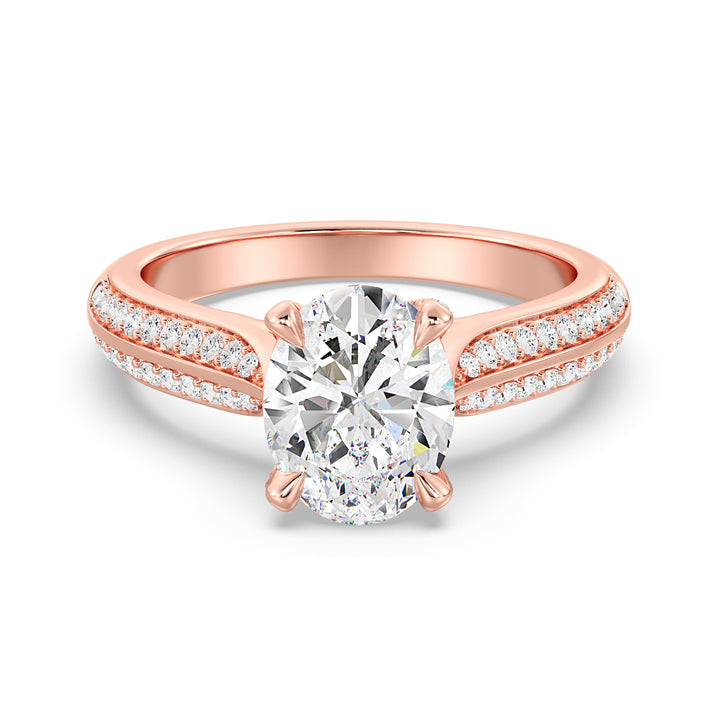 Oval-Cut Lab-Grown Diamond Engagement Ring with Pavé Band in 18K Rose Gold, elegantly crafted with a stunning oval diamond centerpiece and pavé detailing