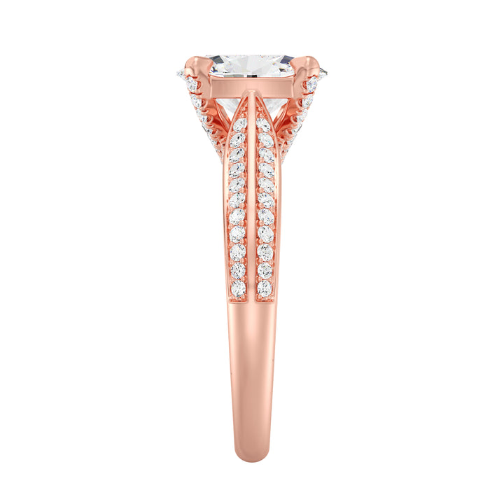 Oval-Cut Lab-Grown Diamond Engagement Ring with Pavé Band in 18K Rose Gold, elegantly crafted with a stunning oval diamond centerpiece and pavé detailing