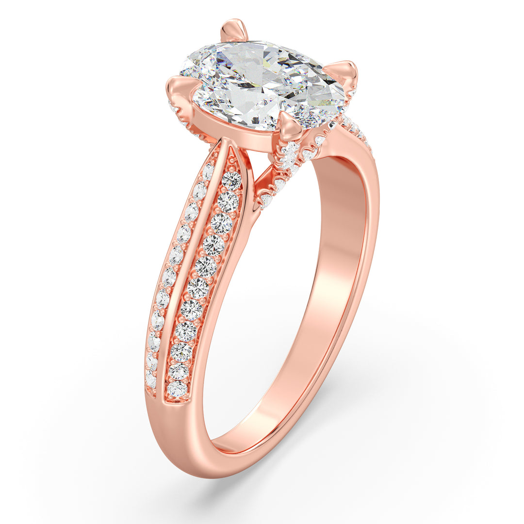 Oval-Cut Lab-Grown Diamond Engagement Ring with Pavé Band in 18K Rose Gold, elegantly crafted with a stunning oval diamond centerpiece and pavé detailing