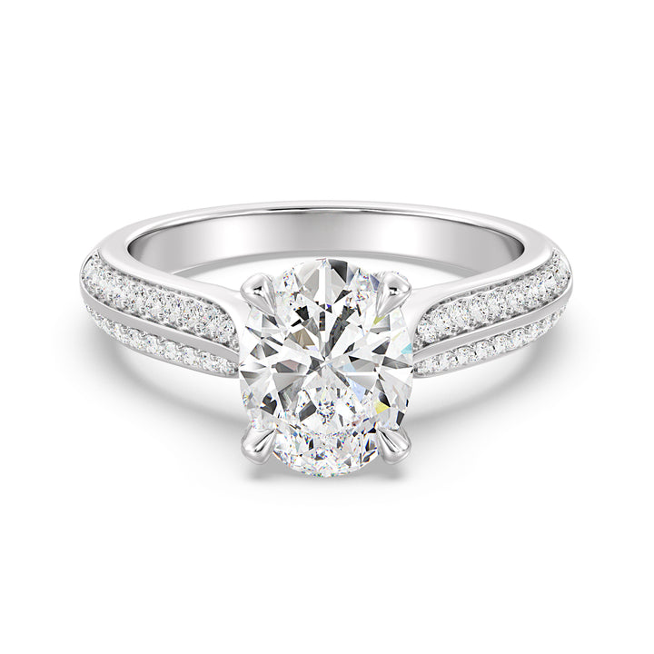 Oval-Cut Lab-Grown Diamond Engagement Ring with Pavé Band in 18K White Gold, showcasing a dazzling oval-cut diamond and round pavé accents