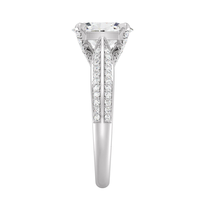 Oval-Cut Lab-Grown Diamond Engagement Ring with Pavé Band in 18K White Gold, showcasing a dazzling oval-cut diamond and round pavé accents