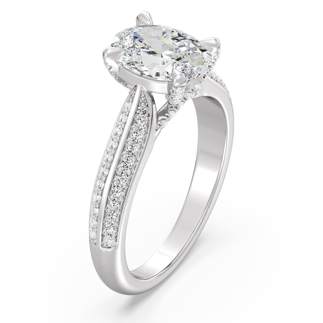 Oval-Cut Lab-Grown Diamond Engagement Ring with Pavé Band in 18K White Gold, showcasing a dazzling oval-cut diamond and round pavé accents