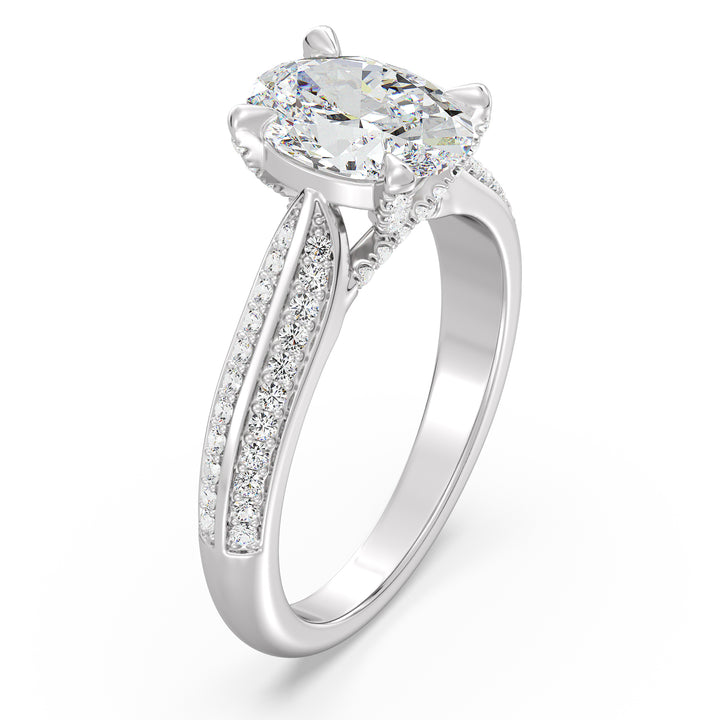 Oval-Cut Lab-Grown Diamond Engagement Ring with Pavé Band in 18K White Gold, showcasing a dazzling oval-cut diamond and round pavé accents