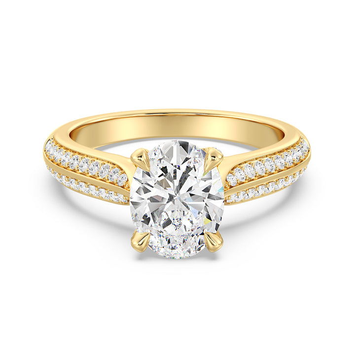 Oval-Cut Lab-Grown Diamond Engagement Ring with Pavé Band in 18K Yellow Gold, featuring a classic 4-claw setting and shimmering round diamonds