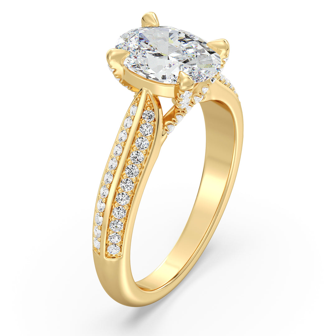 Oval-Cut Lab-Grown Diamond Engagement Ring with Pavé Band in 18K Yellow Gold, featuring a classic 4-claw setting and shimmering round diamonds