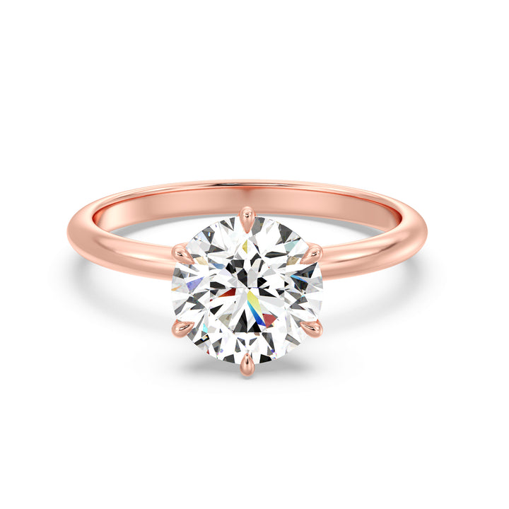 Elegant 6-Prong Round Lab-Grown Diamond Solitaire Engagement Ring in 18K Rose Gold showcasing a sparkling EF color VS clarity diamond in a romantic open basket setting