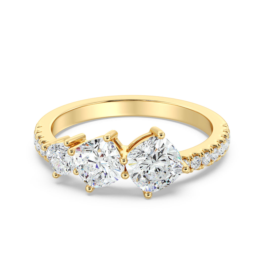 Square Cushion-Cut Lab-Grown Diamond Wedding Band in 18K Yellow Gold featuring three center stones and a pavé of round-cut diamonds.