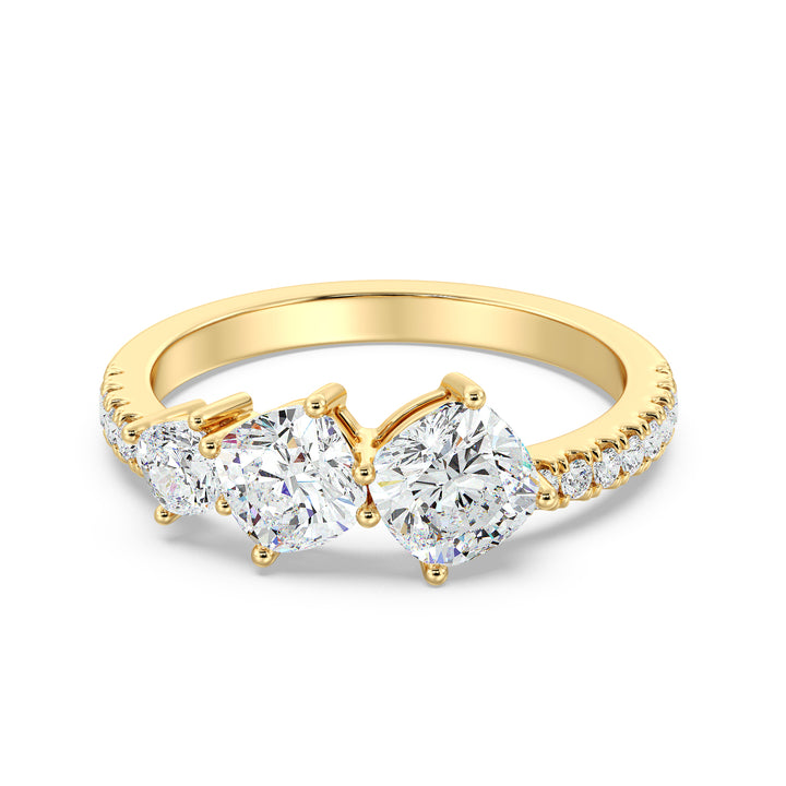 Square Cushion-Cut Lab-Grown Diamond Wedding Band in 18K Yellow Gold featuring three center stones and a pavé of round-cut diamonds.