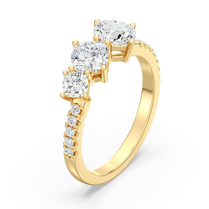 Square Cushion-Cut Lab-Grown Diamond Wedding Band in 18K Yellow Gold featuring three center stones and a pavé of round-cut diamonds.